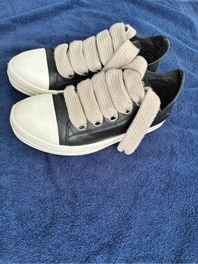 Rick Owens Black Leather Low-Top Sneakers with Cream Laces and White Toe